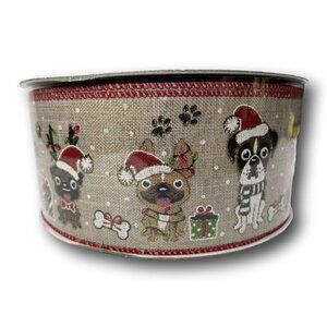 Kirkland Christmas Wire-Edged Ribbon Dogs Puppies Pets 2.5" wide 50 yards Wrap